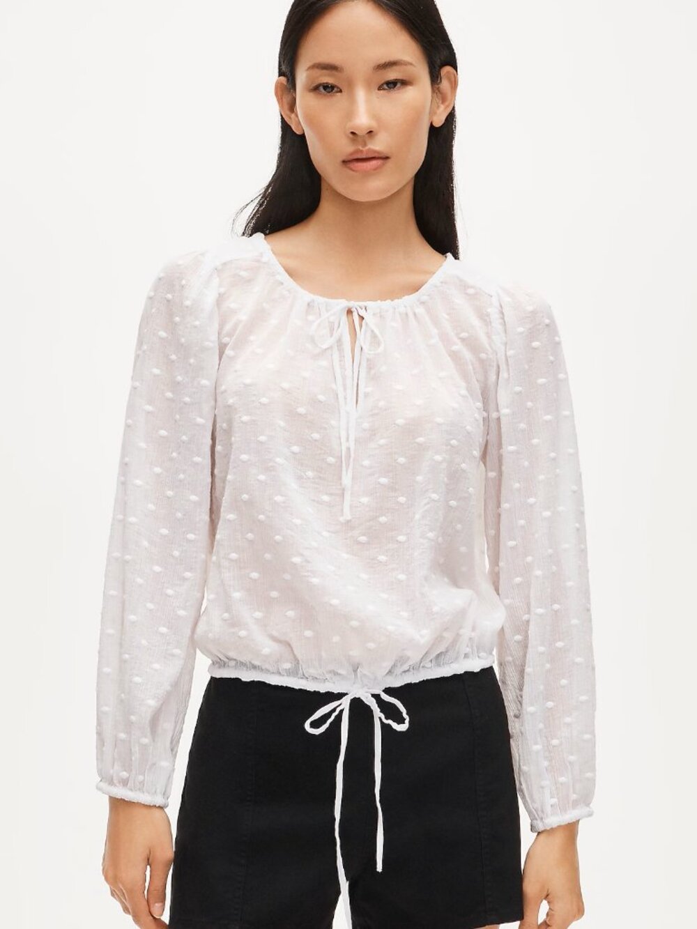 J.Crew Drawstring Waist Top Featherweight Voile Swiss Dot Blouse NWT Size M